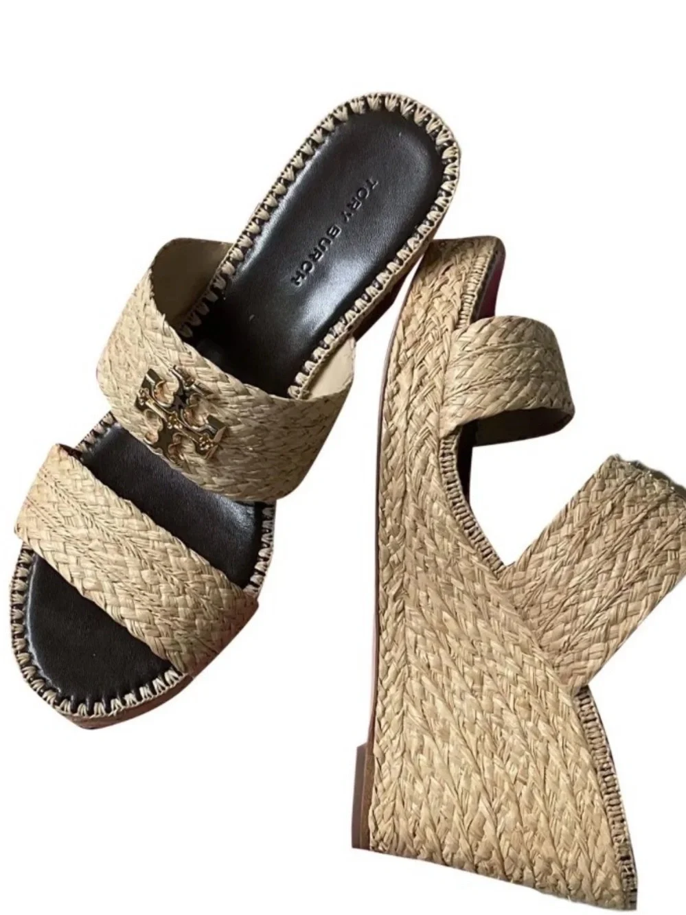 Tory Burch Everly Raffia Wedge Slide Sandals size 7 $320 EUC